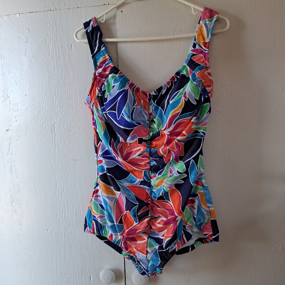 Maxine of Hollywood Jungle Vines Shirred Front Girl One Piece SZ 16W